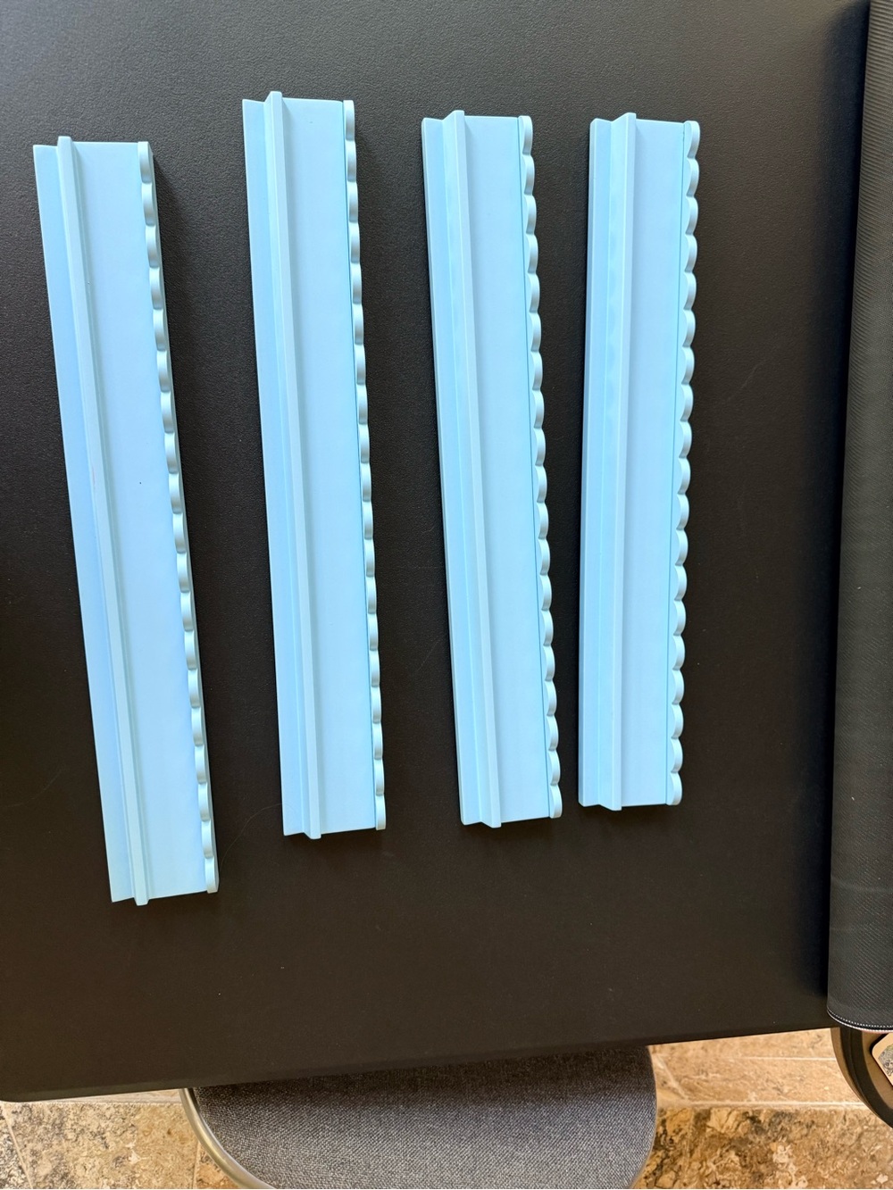 NWOT Baby Blue Wooden 20” scalloped Mahjong Racks with pushers. Never used. Bag